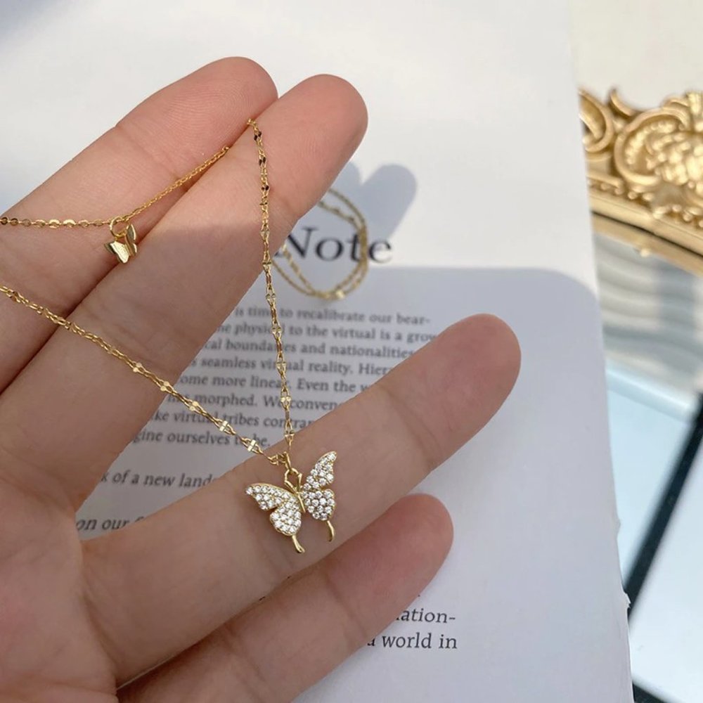 NEW Silver Gold Cute Double Layer Shiny Butterfly Necklace - Picture 4 of 6